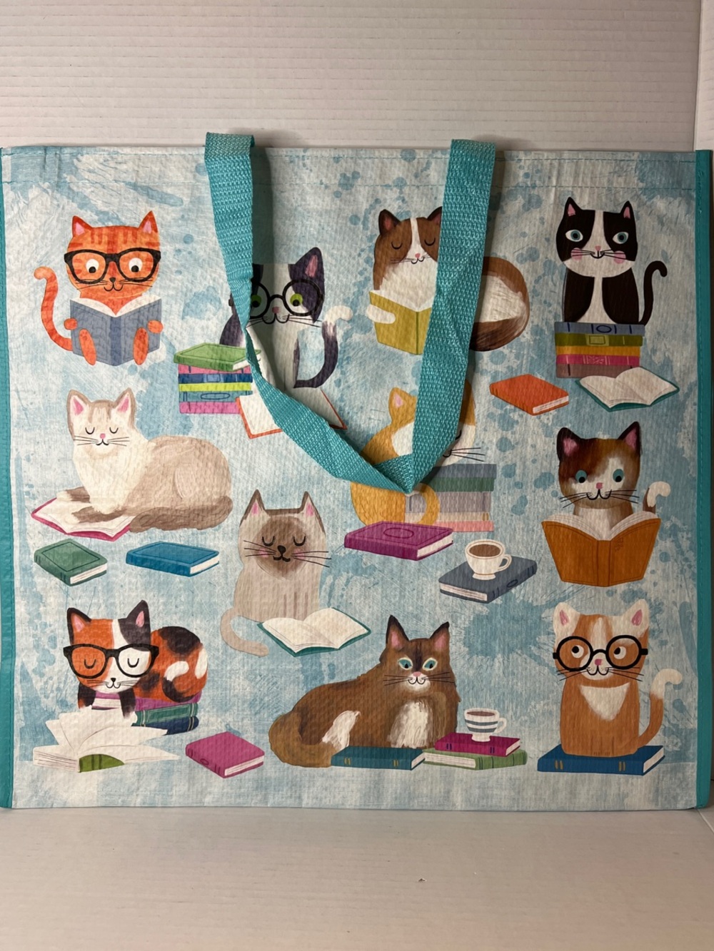 Cute Cat Reading Books Blue Reusable Tote Bag New